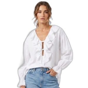 Eber Womens White Cotton Ruffle Tie Neckline Vintage 80s LS Romantic Blouse Sz M